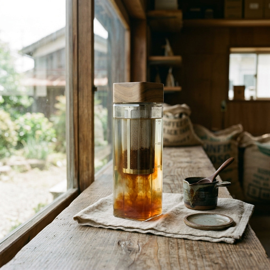 ガラスのカラフェに入った水出しコーヒー。冷たい水の中で深い琥珀色がゆっくりと広がっている、ロースタリーの窓辺の静かな朝の情景。