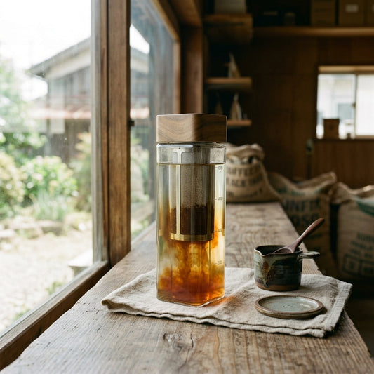 ガラスのカラフェに入った水出しコーヒー。冷たい水の中で深い琥珀色がゆっくりと広がっている、ロースタリーの窓辺の静かな朝の情景。